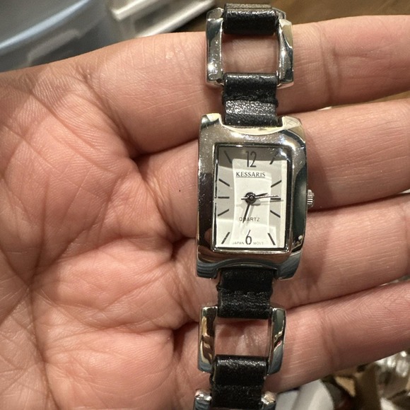 Working Kessaris Women's watch Silver/Black Rectangle Fancy Leather Strap Fit 7" - Picture 9 of 9